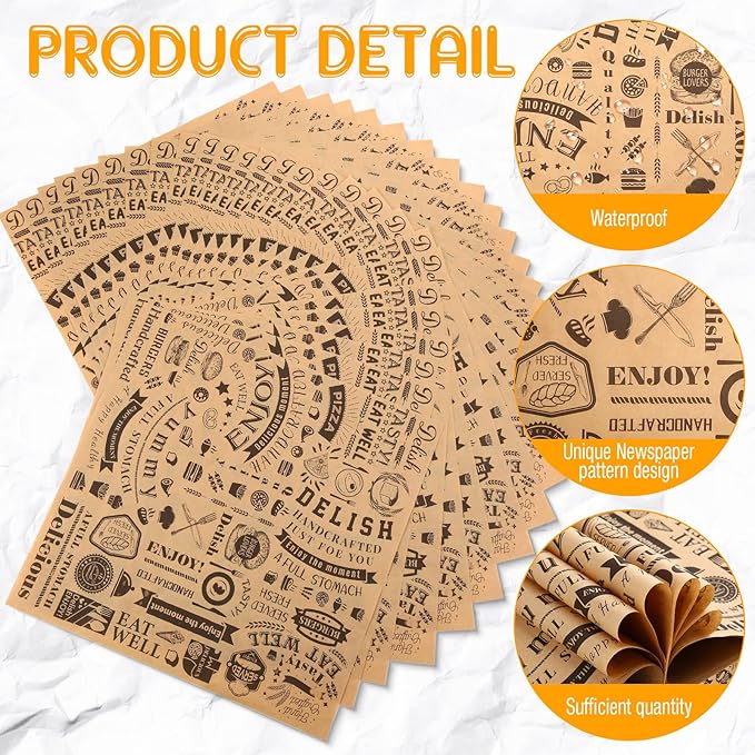 Marspark 200 Pcs Deli Wax Paper Sheets 12 x 12 Inches Square Grease Resistant Tray Basket Liners Hot Dog Wrappers Newsprint Water and Grease Proof Sandwich Wrapping Paper for Food Baking (Brown Black)