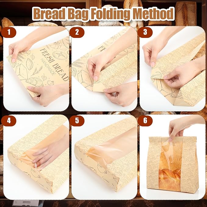 Feifeiya 200 Pack Kraft Paper Bread Bags for Homemade Sourdough Bread Bag with Clear Window 13.7 x 8.2 x 3.5 Large Bakery Packaging for Treat Storage Gift Giving with Seal Sticker