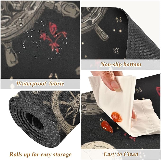 2 in 1 Table Runner Trivet for Hot Pots and Pans Heat Resistant Non Slip Waterproof 39 x 12 Inch Decorative Table Protector for Kitchen Countertop Pirate Skulls Rudders