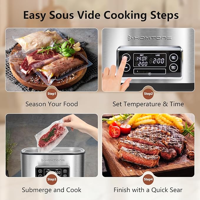 Homtone Sous Vide, 8 Quart Suveed Cooking Machine, 3D Water Circulation, Built-in Design with Precise Temperature Control, 1000W Power for Steak Chicken Meal Prep-with Sous Vide & Seal Bags