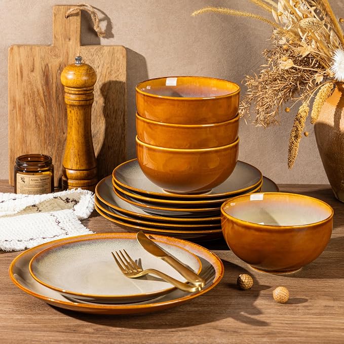 LERATIO Ceramic Dinnerware Sets for 4, Coupe Plates and Bowls Sets,Highly Chip and Crack Resistant | Dishwasher & Microwave & Oven Safe Dishes set,Reactive Glaze Dinnerware- Service for 4（12pcs）