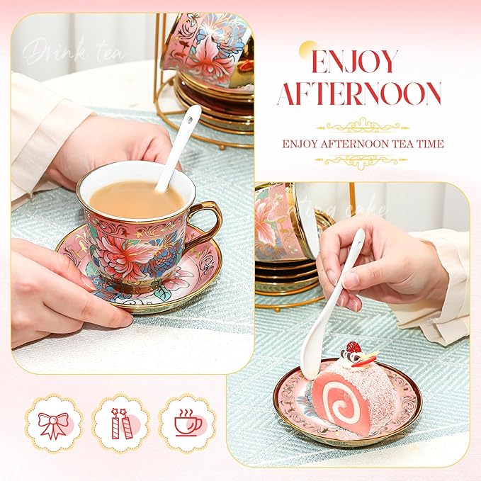 20 Pcs Porcelain Tea Set for Adults with Metal Holder and Spoon European Ceramic Tea Party Set Flower Painting Teapot Cup Saucer for Women Gift, Serving 6 People(Fresh)
