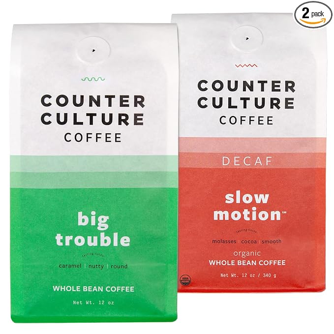 Counter Culture Whole Bean Coffee 2-Pack (Big Trouble - Medium Dark Roast & Slow Motion - Organic Decaf Medium Roast) Sustainably Sourced, Whole Coffee Beans, Kosher, Gluten Free, Nut Free - 12oz Bags