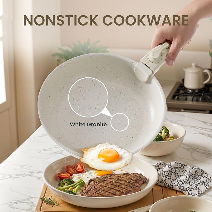 HealSmart 12 Pcs Cookware Set, Granite Non Stick Pots & Pans with Removable Handles, High Heat Resistant Oven Safe Cooking Kit, PFAS & PFOA Free Kitchen Cooking Ware, Beige
