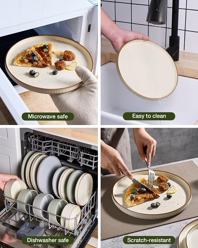 Famiware Star 18-Piece Stoneware Plates and Bowls Sets, Service for 6, Ceramic Dinnerware with Trim, Modern Rustic Dishes for Everyday/Formal, Chip/Scratch Resistant, Microwave/Dishwasher Safe, Cream