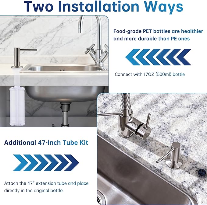 Avola Kitchen Sink Soap Dispenser, Solid Brass Pump with 47" Food-Grade Silicone Extension Tube & 17oz PET Bottle,in or Under Sink Installation, Brushed Nickel, Anti-Reflux Built in Soap Dispensers