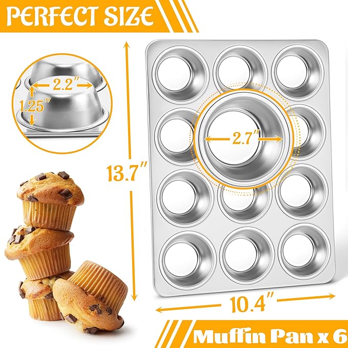 E-far Stainless Steel Muffin Pan Set of 6, 12 Cups Cupcake Pans Tins for Baking, Non-Toxic Metal Muffin Tray Molds for Small Mini Cupcake, Heavy Duty & Regular Size, Rust Free & Dishwasher Safe