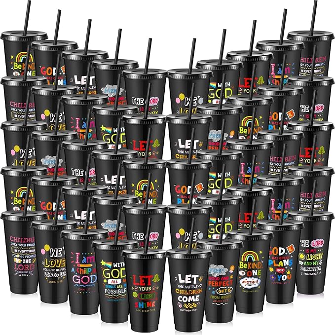 Uiifan 30 Pcs VBS Christian Cups Bulk for Kids, Religious Plastic Tumblers with Bible Verses, Sunday School and Church Gifts, Reusable Cups with Lids and Straws (Black)