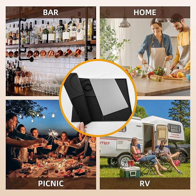 12'' x 22'' Silicone Cocktail Bar Mat for Bartending & Home Bar - Multifunctional Folding Drink Mat with Cutting Board - Portable Black Bar Countertop Accessories & Spill Mat(Black)