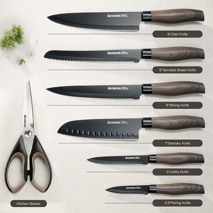 Astercook Non Stick Pots and Pans Set Healthy Non-Toxic Titanium Induction Kitchen Cookware Sets and Astercook 13-Piece Kitchen Knife Set with Black Anti-Rust Coating Stainless Steel Chef Knives Set