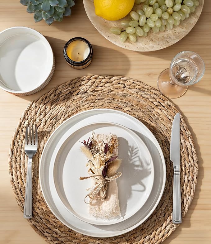GBHOME Stoneware Dinnerware Sets for 4, 12 Pieces Lightweight Ceramic Ribbed Plates and Bowls Set, Reactive Glaze Stackable Plate Sets, Scratch Resistant Dishes, Microwave & Dishwasher Safe,Cream
