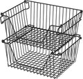 Stackable Wire Metal Baskets Sturdy Cabinet Organizer Wire Pantry Freezer Bin with Handle for Home Bathroom Kitchen Fruit Vegetable Organization, Black, 2Packs