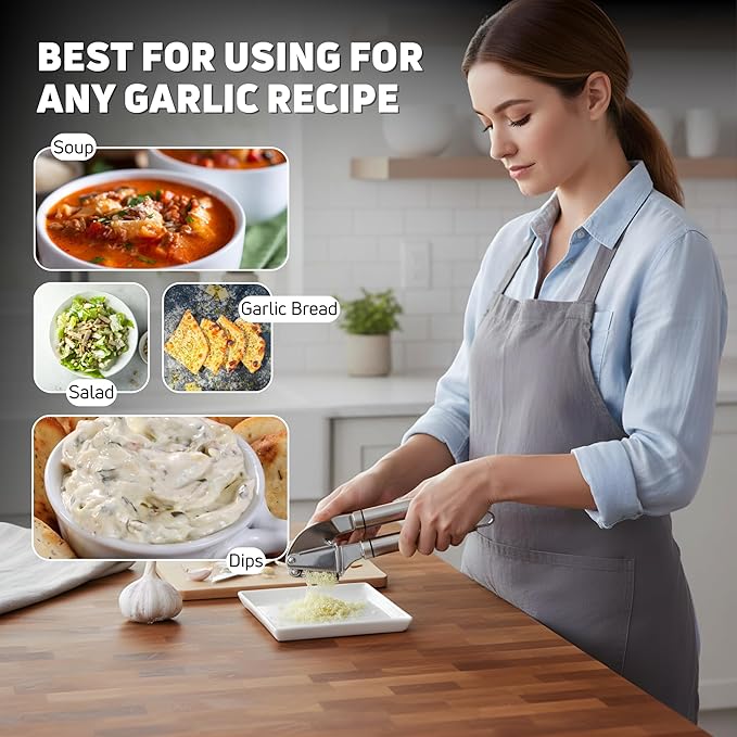 KUYRA Garlic Press Stainless Steel Set Premium Professional Garlic Mincer, Silicone Peeler & Brush, Clove Crusher, Handheld Mincer & Squeezer, Easy Clean Rustproof, Dishwasher Safe Kitchen Peelers
