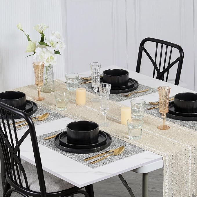 E-far Stoneware Dinnerware Sets for 6, 18-Piece Plates and Bowls Sets, Chip & Scratch Resistant Ribbed Dish Set for Home Restaurant, Microwave & Dishwasher Safe, Matte Black