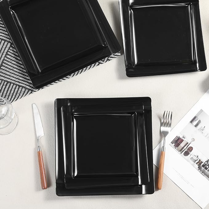 Square Melamine Dinnerware Sets of 12 Pcs,Square Plates and Bowls Sets,Unbreakable Dish Set for 4,Lightweight, Dishwasher Safe and BPA Free,Suit for RV,Camping（Black）