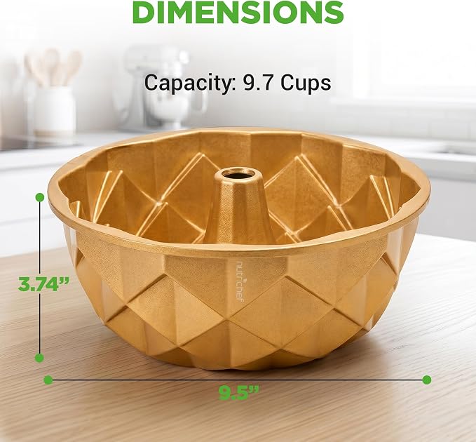 NutriChef 9-Inch Cake Pan - 9 Cups Nonstick Heavy Cast Aluminum Cake Mold for Baking - French Wreath Design for Uniform Baking - Easy to Clean, Gold