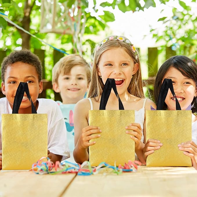 Eccliy Reusable Gift Bags Set Glossy Grocery Gift Tote Bag with Handle for Wedding, Bridal Shower, 4th of July, Summer Event(10 x 8 x 4.7 Inch,Gold with Black Handles,80 Pcs)