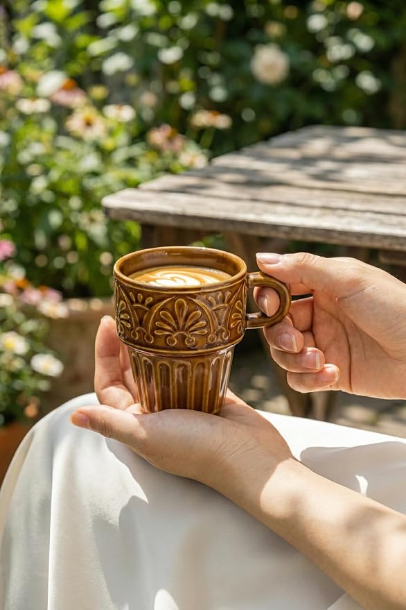 Espresso Cups Set of 6, Cappuccino Cups, Stackable Mug 6 OZ Ceramic Coffee Mug, Microwave & Dishwasher Safe, Tea Cocoa for Family Daily Use & Gathering, Great Gift for Any Special Occasion, Brown