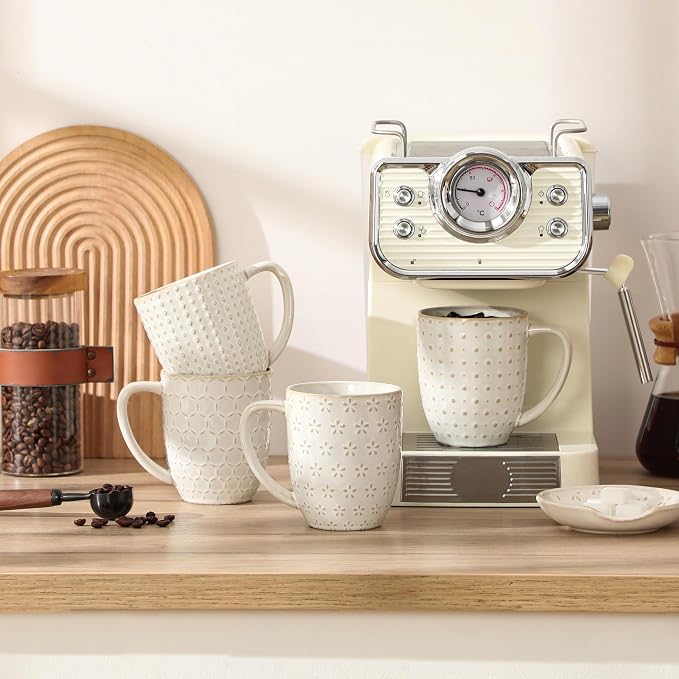 MALACASA LYDIA Coffee Mugs Set of 4, 16 Oz Ceramic White Cups with Handles, Embossed Cups for Latte Cappuccino Mocha, Dishwasher Microwave Safe, Gift Set for Coffee Lovers