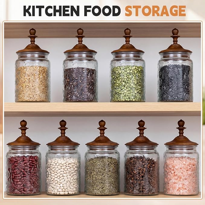 Suclain 6 Pack 24 Oz Vintage Glass Jars with Wooden Crown Lids, Decorative Jars with Graden Pattern, Airtight Glass Food Storage Containers for Tea Coffee Spice Pantry Organization