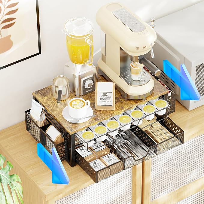 Simple Trending Coffee Pod Holder for K Cups, with 2 Tier Slidng Storage Drawer and Coffee Accessories Holder, 63 Large or 80 Small Capsule Organizer, Black