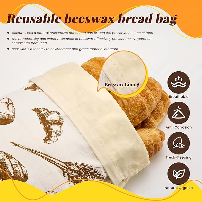 Beeswax Bread Bags for Homemade Sourdough - 2 Pack Reusable Organic Cotton Natural Beeswax Lined Large Bees Wax Storage Bag for Homemade Sourdough & Bakery Bread.