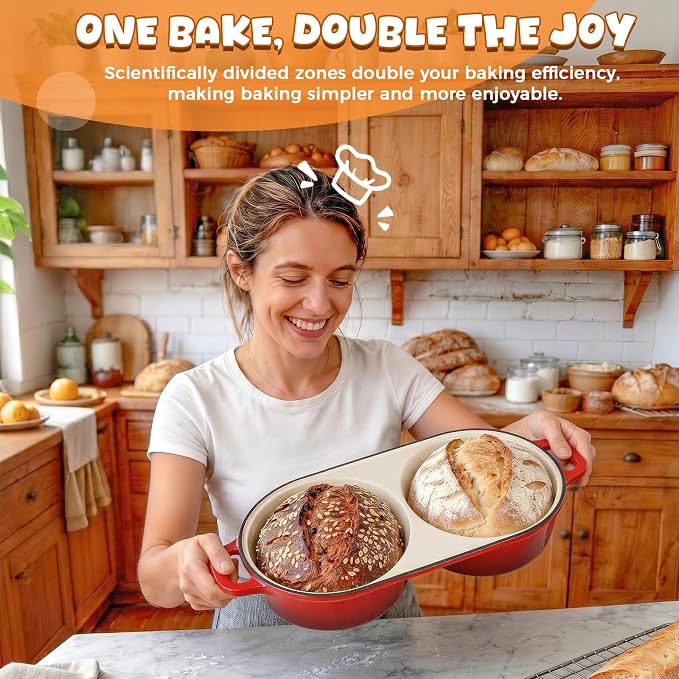 Double Dutch Oven for Sourdough Bread Baking, 2.2QT (Red) | Enamelled Cast Iron Bread Pan with Lid, Double Round Loaf Space, 16.5cm Diameter, Mini Double Dutch Oven for Homemade Baking