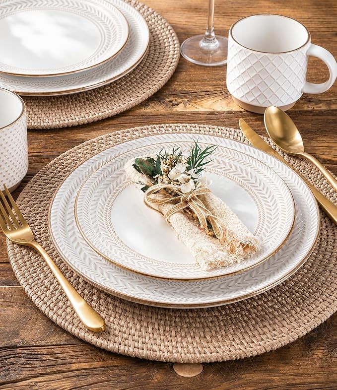 GBHOME Dinnerware Sets for 4, Farmhouse Style Stoneware Plates and Bowls Sets, 12 Pieces Embossed Scratch Resistant Dishes, Dishwasher & Microwave Safe, White