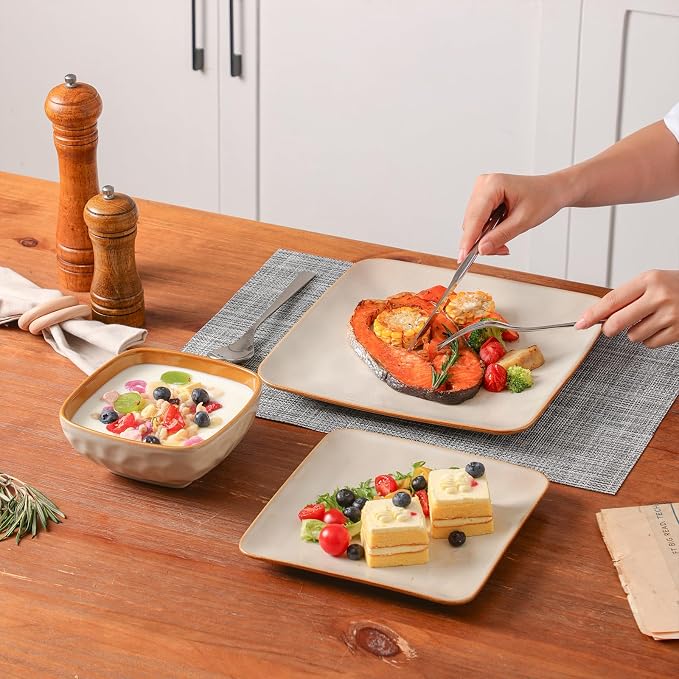 vicrays Ceramic Square 12 Pieces Dinnerware Set - Dinner Plates Salad Plates Cereal Bowls Set Service for 4 - Scratch Resistant Microwave Oven Dishwasher Safe - Beige