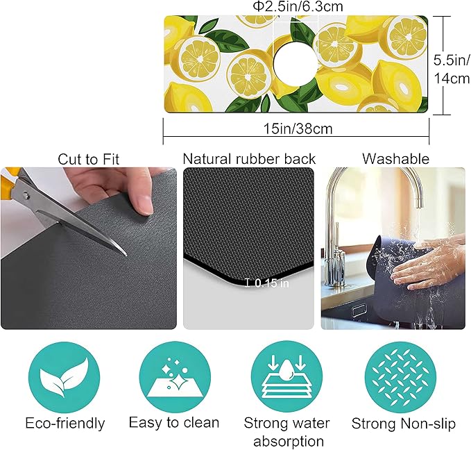 Kitchen Sink Splash Guard Faucet Mat Super Absorbent Fast Drying Mat Sink Gadgets Splash Guard Behind Faucet Drip Catcher for Kitchen (Lemon-1, 15x5.5in)