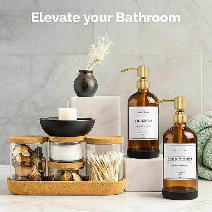 Vine Creations Amber Glass Soap Dispenser, 2 Pack Kitchen Soap Dispenser Set with Stainless Steel Pump, 16 oz Hand Soap and Dish Soap Dispensers for Kitchen or Bathroom with Waterproof Labels