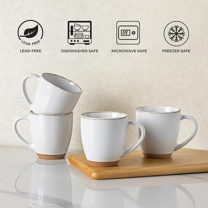 AmorArc 12oz Ceramic Coffee Mugs set of 4, Stylish Coffee Mugs with Rustic Terracotta Underside for Latte/Cappuccino/Milk/Cocoa, Dishwasher&Microwave Safe, White