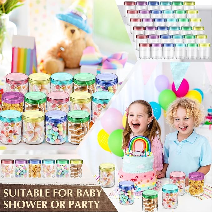 Sliner 60 Pcs 8 oz Plastic Jars with Lids Clear Round Leakproof Storage Containers Empty Refillable Plastic Mason Jars for Travel Storage Face Creams Kitchen Household Food Spice (Colorful)