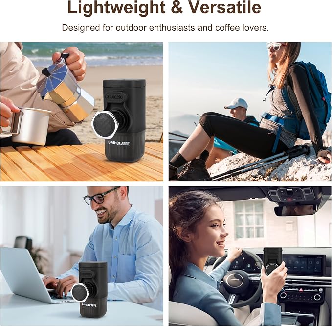 DIVINOCAFFÉ Mini Espresso Machine, Portable Espresso Maker Compatible for Capsules and Coffee Powder, Small Travel Coffee Maker, Manually Operated, 18 Bar Pressure, Perfect for Camping.