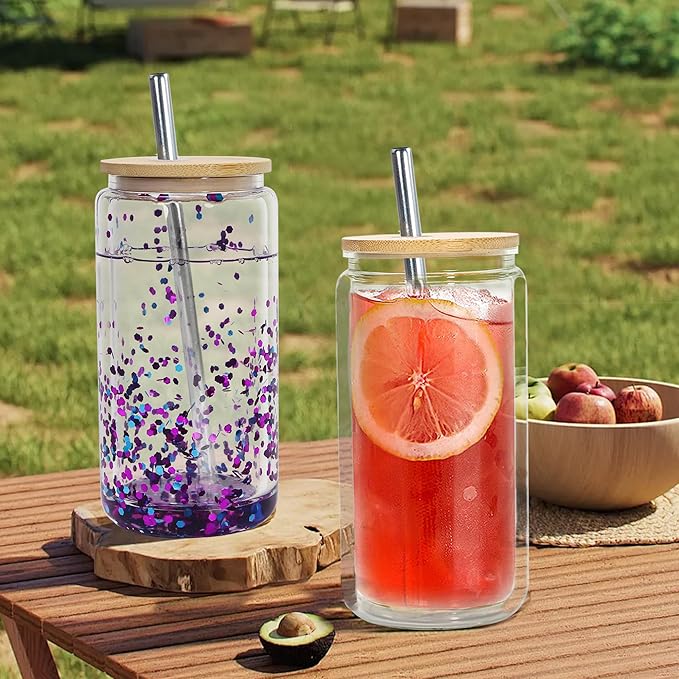 16 oz Acrylic Snow Globe Tumbler Snow Globe Cups Double Wall Snowglobe Tumbler with Pre Drilled Hole Clear Plastic Cups with Bamboo Lids and Straws for Iced Coffee Boba Juice Soda 12 Pack