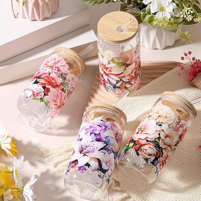 Mumufy 4 Pack Wildflower Glass Cups Gift Aesthetic Cute Glass Cup Tumbler Flower Iced Coffee Mugs 16 oz with Bamboo Lid & Straw, for Wedding Birthday Bridesmaid Mom Baby Shower