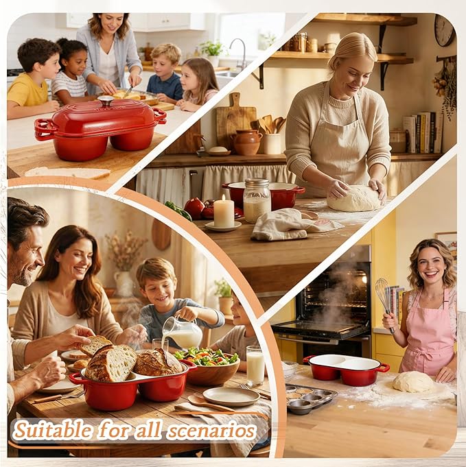 DIY Double Dutch Oven for Sourdough Bread Baking – Enamel Cast Iron Bread Baker with Lid, Bake Two Different Loaves at Once, 500°F Oven Safe, Includes 2×5" Banneton Proofing Baskets