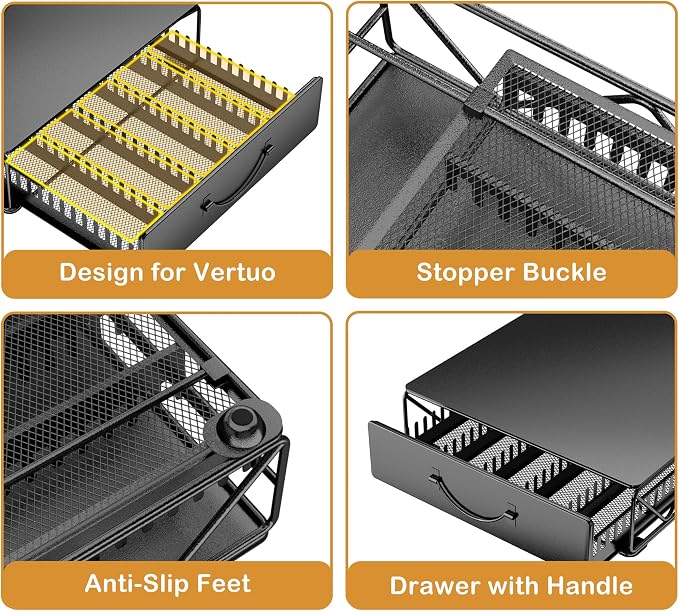 HFHOME Coffee Pod Holder Drawer Compatible with Nespresso - 40 Large or 60 Small VertuoLine Pods - Black Metal Coffee Capsule Storage Organizer for Vertuo - Coffee Capsule Holder for Kcup Home Kitchen