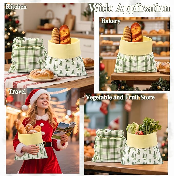 Reusable Beeswax Bread Bags - 2 Pack Christmas Tree Checkered Bees Wax Homemade Sourdough Bread Storage Bags, Xmas Linen Cotton Large Beeswax Freezer for Home Kitchen Baking