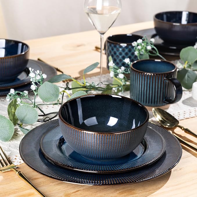 GBHOME Ceramic Dinnerware Sets,12 pcs Embossed Elegant Stoneware Plates and Bowls Sets, Housewarming Wedding Gift | Dishwasher & Microwave Safe | Dishes Set Service for 6