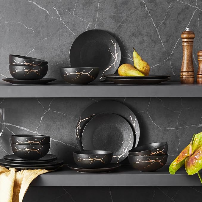 KINGSTONE Dinnerware Sets for 4, Black & Gold Plates and Bowls Sets Matte Vein Dish Set, Modern Luxury Tableware Dinner Salad Plate bowl, for Home Wedding Party Gifts (12 Piece)