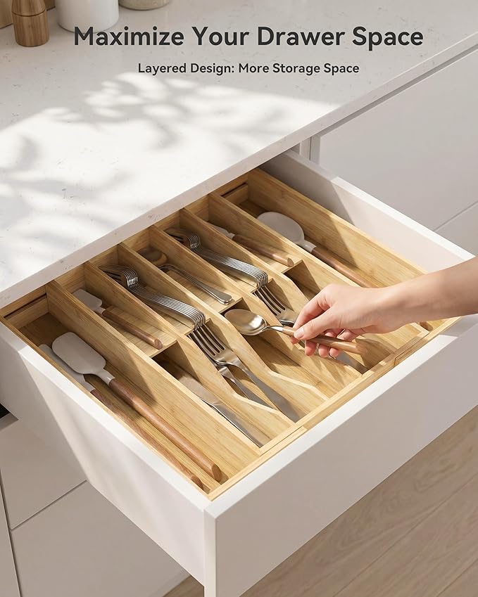 Expandable Silverware Organizer, Utensil Drawer Organizer & Cutlery Tray Dividers for Spoons Forks Knives (12 Slot,Natural Bamboo), 16.73”x12.91”x1.97 “