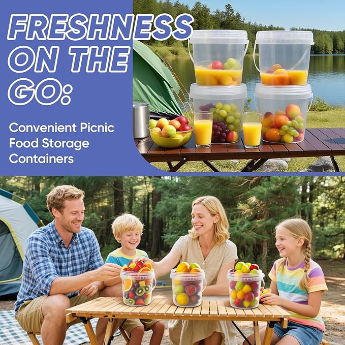 4Pack 34oz Clear Bucket with Lids - Plastic Food Storage Containers, Airtight Screw-On Lids - Freezer Safe Ice Cream Bucekts, Food Grade Reusable Containers for Kitchen