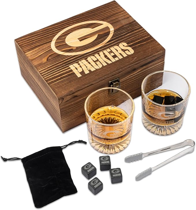 The Memory Company Officially Licensed NFL Wood Boxed Drinkware Set, with 2 Rocks Glasses and Cooling Cubes, Green Bay Packers