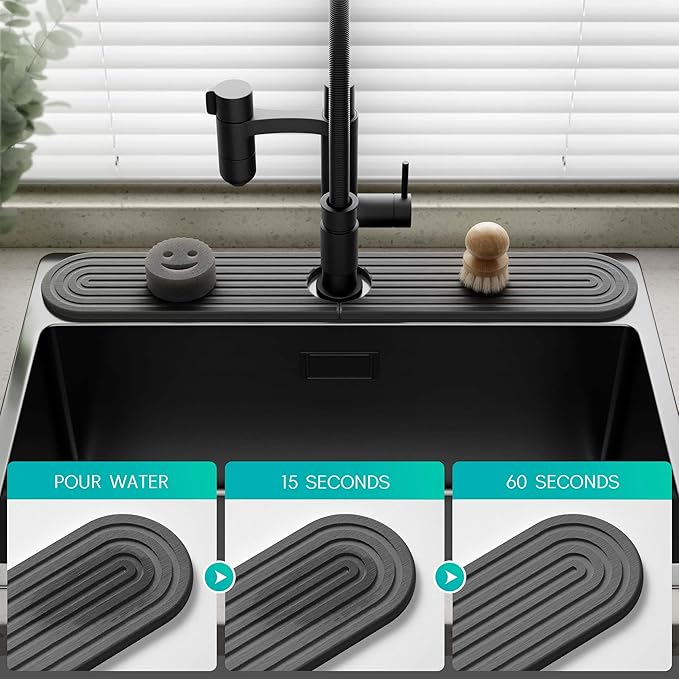 Stone Faucet Mat for Kitchen Sink – Diatomite Fast-Drying Stone Tray, Faucet Mat Sink Splash Guard, Decorative Sink Protector for Kitchen Bathroom Counter [Dark Gray, 23.6''x3.9'']