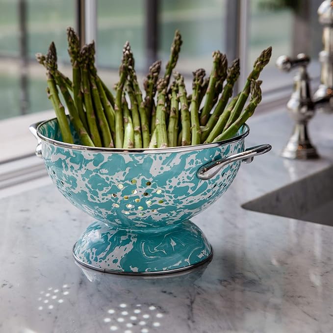 Golden Rabbit Enamelware Large Colander, 5 quart, Sea Glass