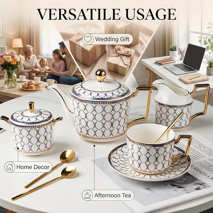 CwlwGO-European Style Ceramic Coffe Cup and Saucer Sets, 7 Oz Bone China Beautifully Glazed Blue Gold Tea Cup Set, Golden Spoon,Cappuccino, Latte, Suitable For Women's Gifts (4 pack)