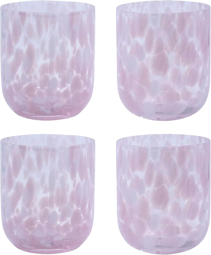 Stephanie Imports Set of 4 Handcrafted Double Old-Fashioned Confetti Drinking Glasses (12 oz) (Baby Pink & White)
