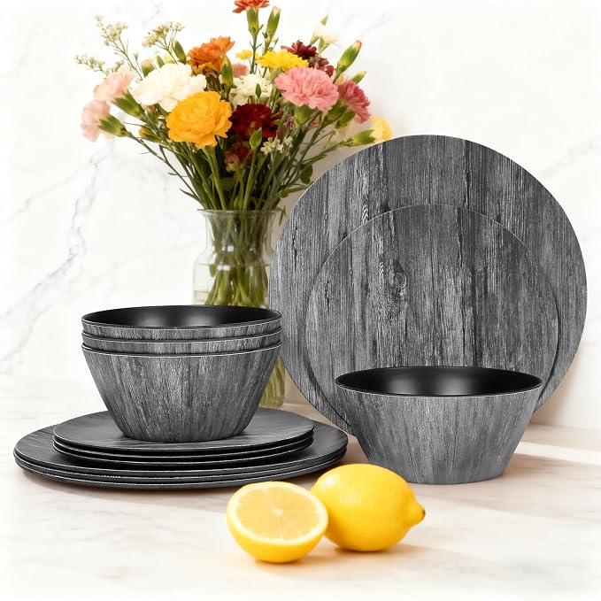 Melamine Dinnerware Set – Rustic 12 Piece Plates and Bowls, Heavy Duty Dishes for Indoor Outdoor Use, Break-Resistant, Dishwasher Safe，Black Wood Grain