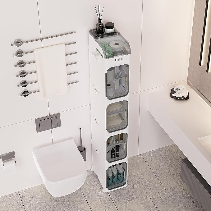 BINSIO 5-Tiers Slim Bathroom Organizers and Storage, Bathroom Counter Organizer, Toilet Paper Storage, Foldable Organizer Storage Cabinet, Portable Laundry Room Organization, Plastic White Clear Doors